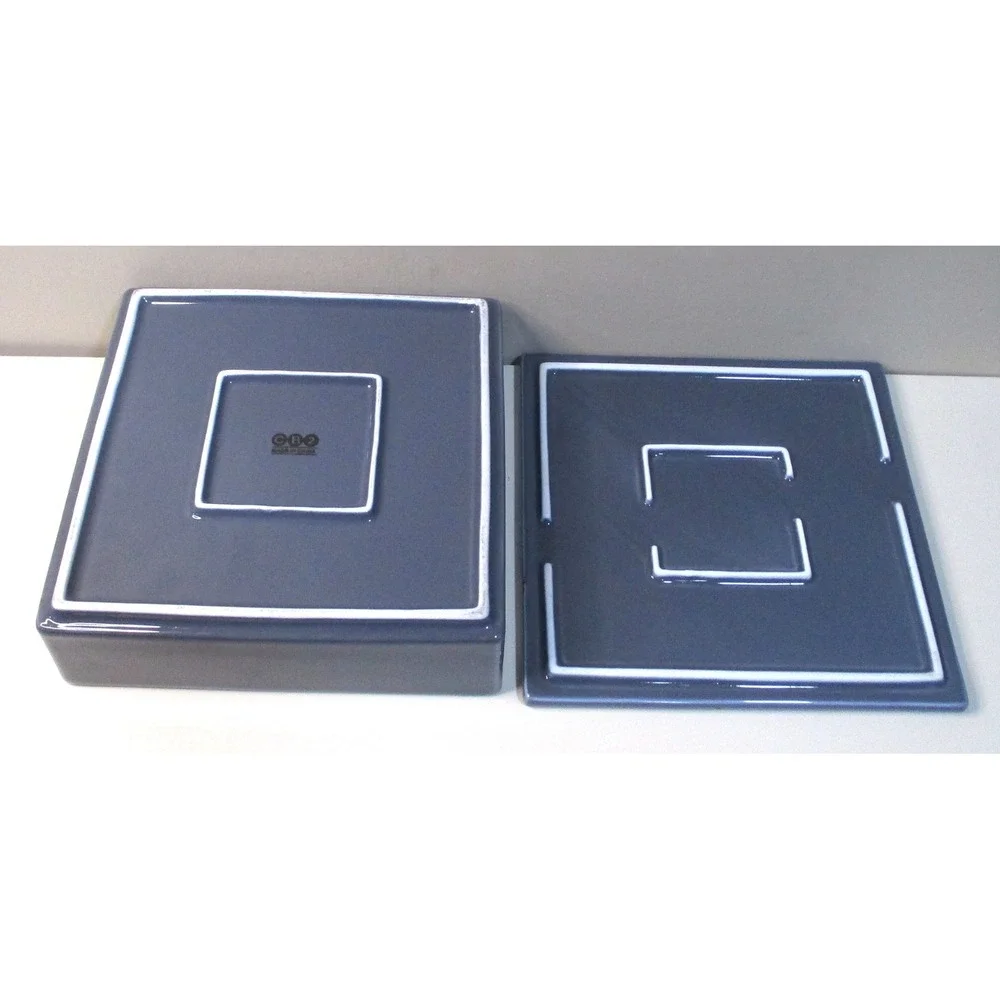 CB2 Slate Blue Gray Ceramic Square Storage Box with Lid White Trim Minimalist8x8